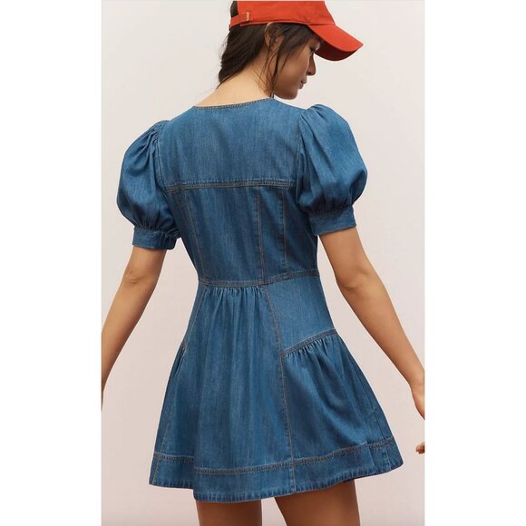 Anthropologie Maeve Puff-Sleeve Tiered Denim Mini Dress Size 8 Pearl Buttons - Picture 4 of 4